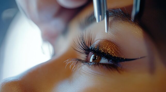 Close-up of an eye being applied with makeup using a precision tool