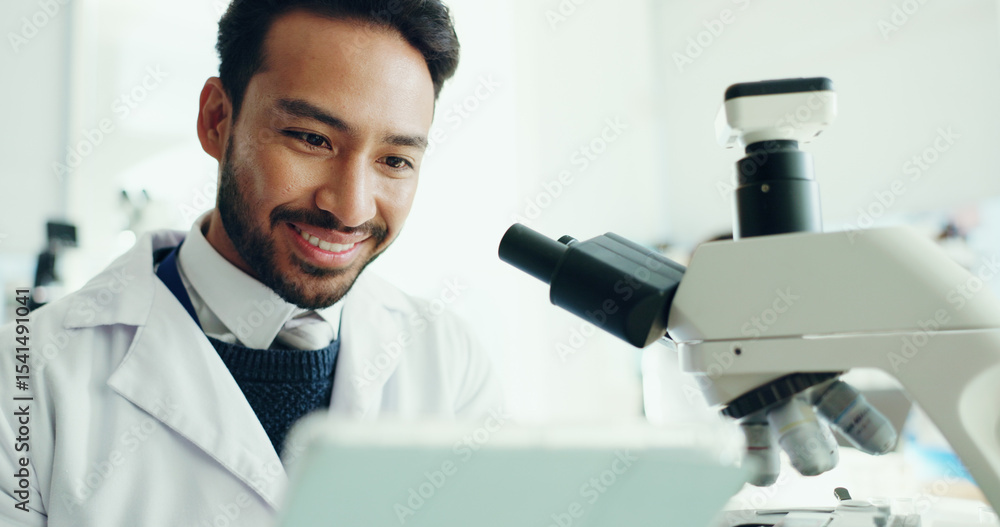 Aufkleber science, tablet and happy man with microscope in lab for medical research, study and online results.