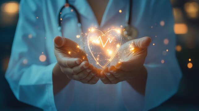Medical professional holding a glowing heart with an EKG pattern, symbolizing healthcare and compassion.