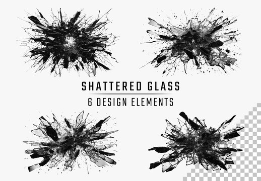6 Shattered Glass Explosions Isolated On Transparent Background