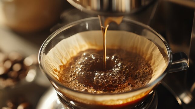Coffee dripping into a glass filter, showcasing the rich brew process