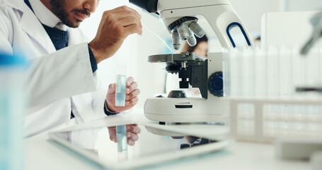 Science, laboratory and man with sample on microscope for analysis, medical research and study....