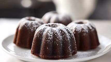 Mini chocolate bundt cakes with icing sugar on plate