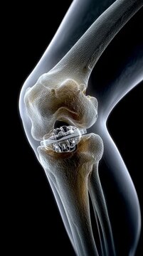 A side view X-ray of a human knee with a visible metal prosthetic joint replacement