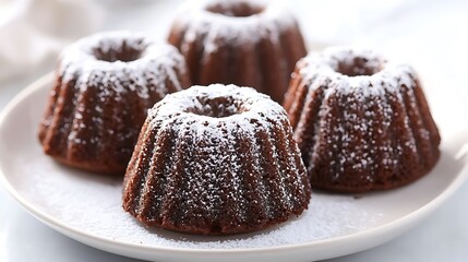 Mini chocolate bundt cakes with icing sugar on plate