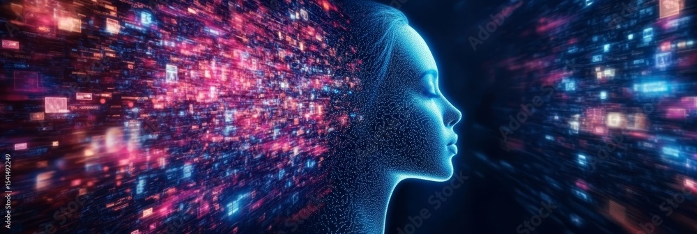 Poster abstract female profile with data stream visualization and cybernetic system representing innovation