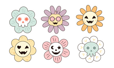 Fototapeta premium Cute Halloween flowers clipart set. Spooky seasonal floral characters, Happy Halloween hand drawn vector illustration in cartoon flat style