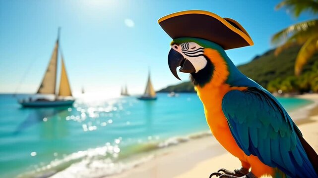 Pirate parrot on tropical beach background