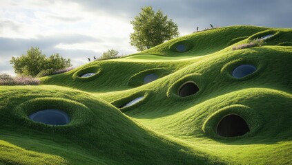 Lush, undulating grassy hills with recessed openings