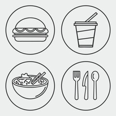 Minimalist Food Icons Set Featuring a Burger Drink Salad and Utensils in a Circular Frame Perfect for Restaurant Menus and Food Delivery Apps