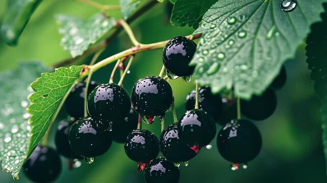 Ripened black currants glistening with dew on vibrant green foliage in a lush garden setting, Ripe black currants hang from natural green foliage after rainfall