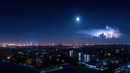City panorama at night, moonlit storm