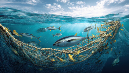 Fototapeta premium fishing net full of fish is underwater