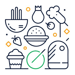 Minimalist Food Icon Set with Fruits Vegetables Desserts and Cooking Utensils in a Clean and Modern Line Art Style for Culinary Designs