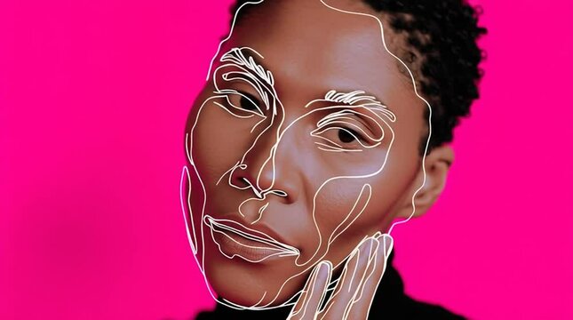 A woman against a vibrant pink background, with abstract white contour lines drawn over her face