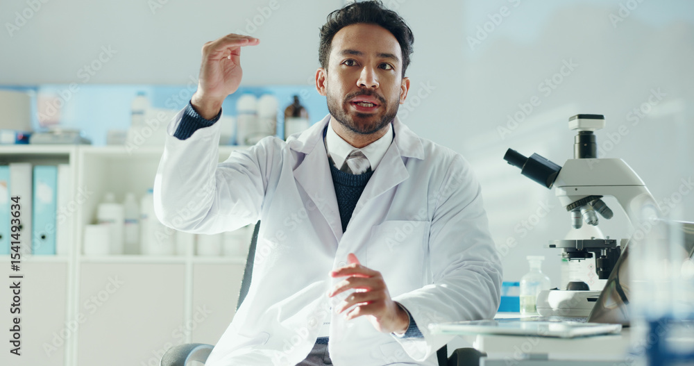 Poster Man, scientist and explaining in lab for microbiology study, report or feedback with discussion. Doctor, microscope and communication for medical research, pharmaceutical development and gesture