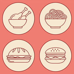 Four Different Food Icons with Chicken Legs Spaghetti a Sandwich and a Hamburger in a Circular Design on a Light Red Background for Culinary Applications