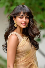 Fototapeta premium happy young indian woman wearing traditional sari