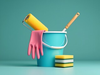 Teal Plastic Bucket Cleaning Supplies Yellow Paint Roller Pink Gloves Wooden Scrub Brush Yellow Green Sponge Cleaning Products Home Maintenance Tools House Cleaning Equipment