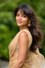 Naklejka premium happy young indian woman wearing traditional sari