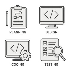 Software development process icons showing planning, design, coding, and testing stages with clear symbols and text