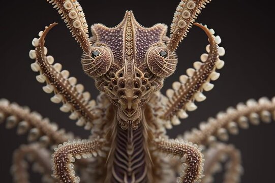 Fantasy creature design blending insect and cephalopod moving traits, with detailed textures and symmetrical alien-like anatomy on dark background