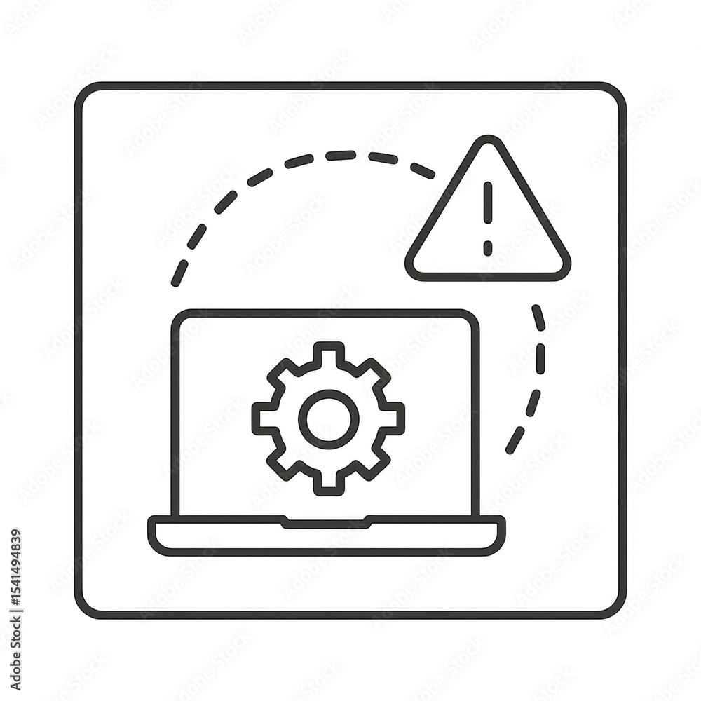 Poster computer warning icon with gear and alert symbol in square frame representing system error or it sup