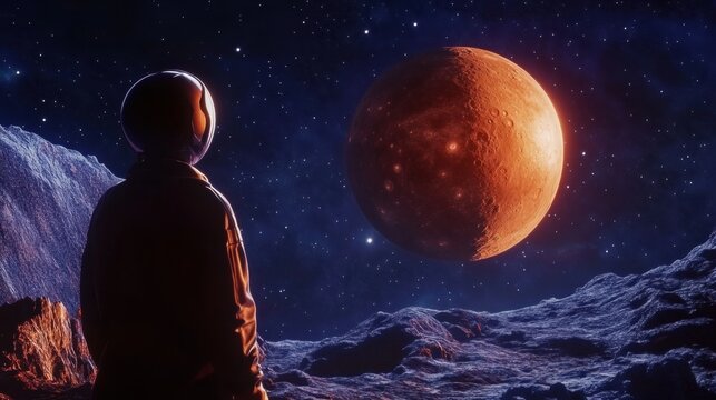 Astronaut Observing a Red Planet from a Rocky Lunar Surface - Powered by Adobe