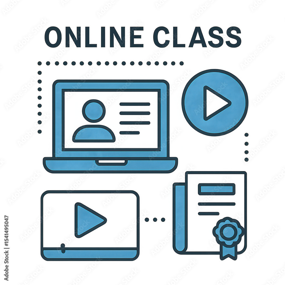 Poster online class concept with laptop video, play button, and certificate icon representing digital learn