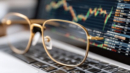 Glasses reveal stock market charts on the lenses, set against a softly blurred city backdrop during the day