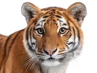 Fototapeta premium Adorable Young Tiger Cub Close Up Portrait Wildcat's Intense Gaze isolated on transparent background