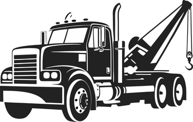 Robust Tow Truck Silhouette: Powerful Outline of a Recovery Vehicle with Crane, Symbolizing Roadside Assistance and Reliability on White Canvas