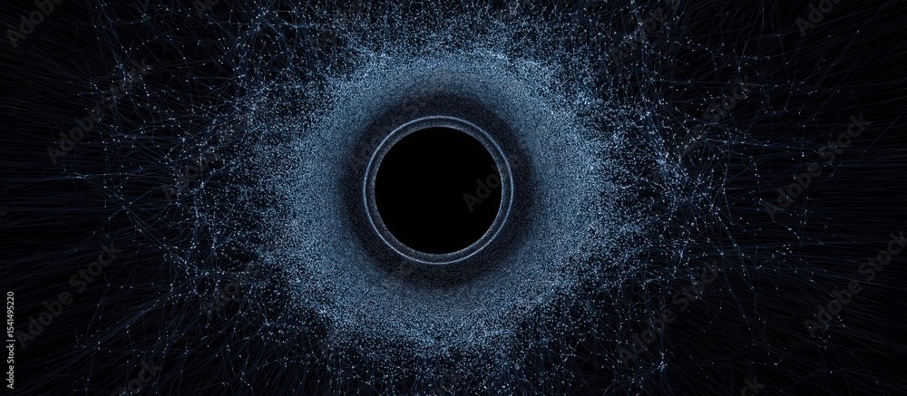 Poster cosmic black hole surrounded by intricate blue star patterns on dark space background with luminous 