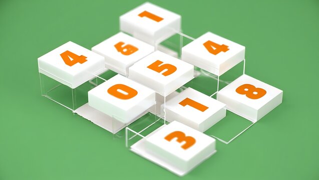 White Cubes with Orange Numbers Arranged in a Complex Three Dimensional Grid on a Green Background a Close Up View Showing the Number Sequence and Spatial Relationships