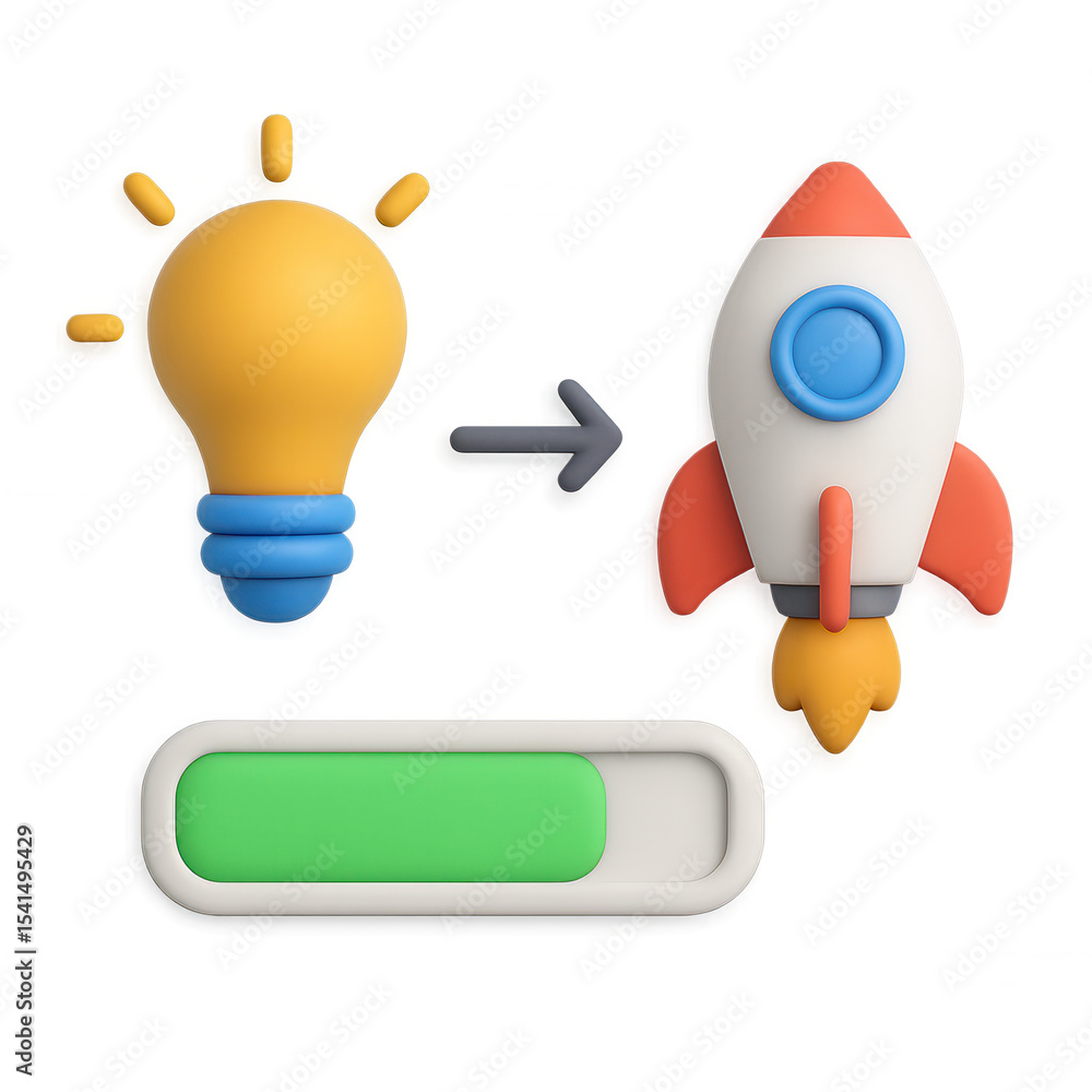 Poster creative idea transforming into successful rocket launch with progress bar showing growth and innova