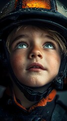 Determined young firefighter gazes with