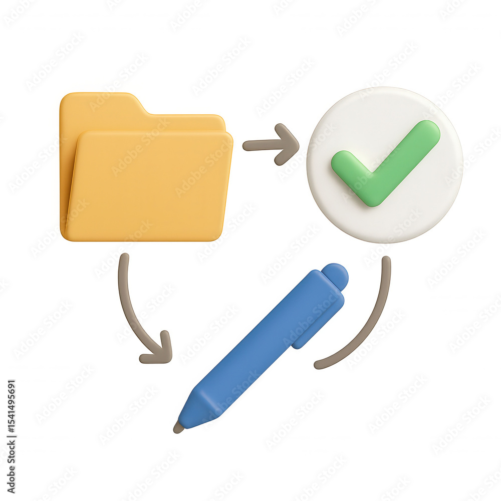 Poster file folder, check mark, pen with arrows showing approval process, digital concept with colorful 3d 