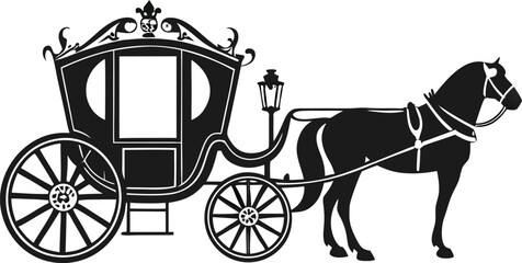 Elegant Horse-Drawn Carriage Silhouette: Romantic Outline of a Traditional Transport, Evoking Nostalgia and Old-World Charm on White Background