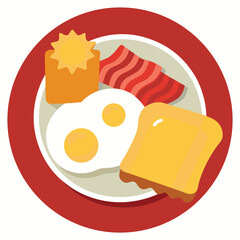 Stylized Breakfast Plate with Eggs Bacon Toast and Hash Browns on a Red and White Plate Ideal for Food Illustrations and Design Projects