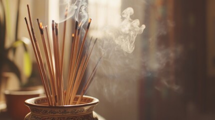 Incense sticks burning in a decorative holder, releasing gentle smoke into the air