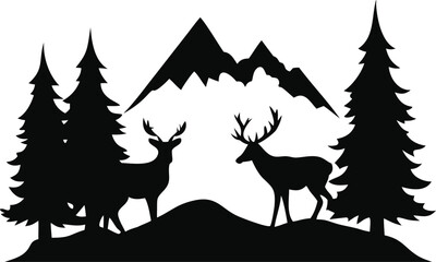 Deer silhouettes stand among trees with mountains in the background