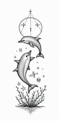 Two stylized dolphins swim above coral, surrounded by stars and geometric shapes, tattoo style