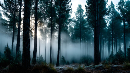 Fototapeta premium A vintage photograph of a foggy pine forest with the mist gently drifting between the trees at sunrise, creating a serene and peaceful atmosphere.