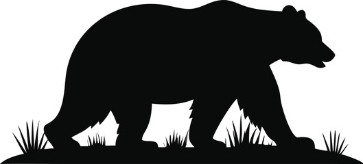 Bear silhouette walking in grass isolated on white background