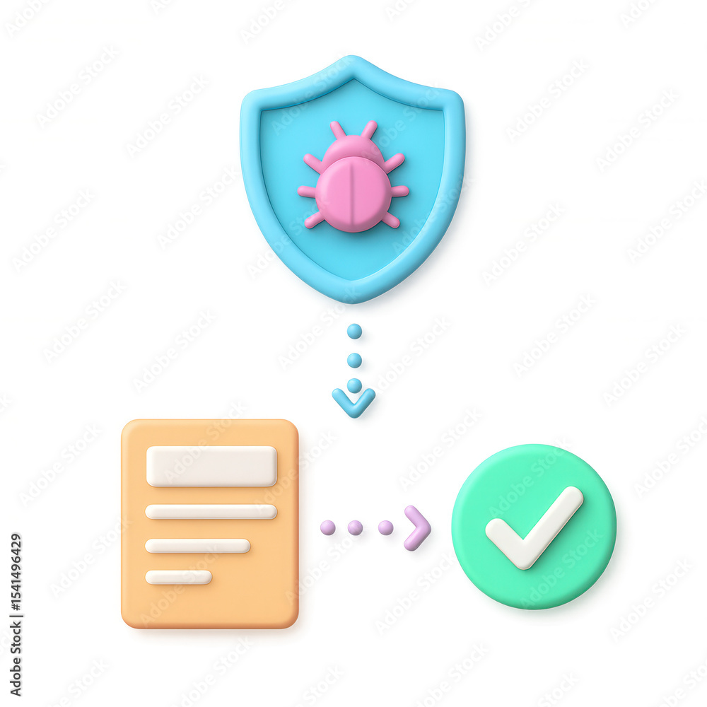 Poster colorful 3d illustration of bug shield, document, and checkmark symbolizing incident report workflow