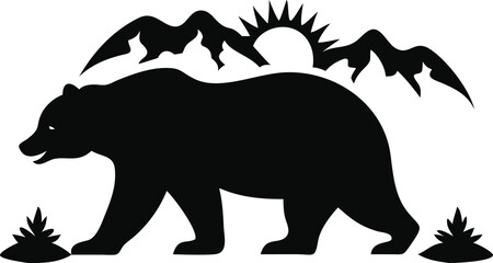 Bear walking in a landscape with mountains and sun isolated on white