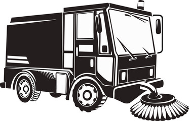 Robust Street Sweeper Silhouette: Functional Outline of an Urban Cleaning Vehicle, Representing Municipal Maintenance on White Background
