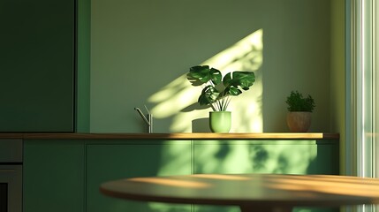 Minimalist interior design with a green kitchen and mockup wooden table