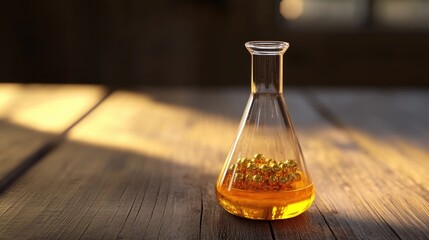 A glass flask containing a yellow liquid and small red objects, placed on a wooden surface with sunlight streaming in.