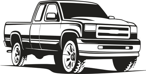 Robust Pickup Truck Silhouette: Solid Profile of a Full-Size Work Truck Emphasizing Strength and Utility, Ideal for Industrial Catalogs on White Canvas